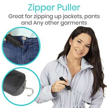Vive Button Hook with Zipper Pull - Dressing Helper Assist Tool for Arthritis - One Hand Shirt & Coat Buttoning Aid, Disability, Handicapped, Seniors, Elderly - Limited Dexterity, Wide Grip Handle