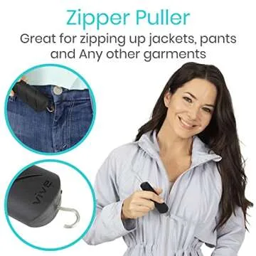 Vive Button Hook with Zipper Pull - Dressing Helper Assist Tool for Arthritis - One Hand Shirt & Coat Buttoning Aid, Disability, Handicapped, Seniors, Elderly - Limited Dexterity, Wide Grip Handle
