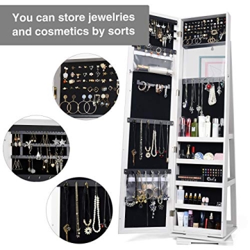Titan Mall 360° Rotating Jewelry Armoire Standing Jewelry Cabinet with Full Length Mirror Makeup Organizer Jewelry Box Storage Large Jewelry Holder Organizer inside makeup mirror,Christmas Gift,White