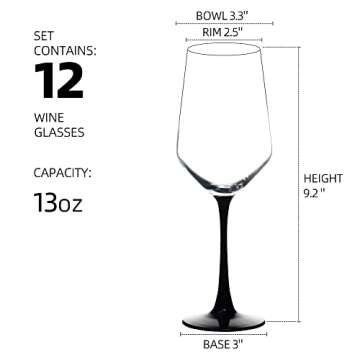 YANGNAY Wine Glasses with Black Stem & Base (Set of 12, 13 Oz), Clear Wine Glasses for Red or White Wine, Smooth Rim, Dishwasher Safe
