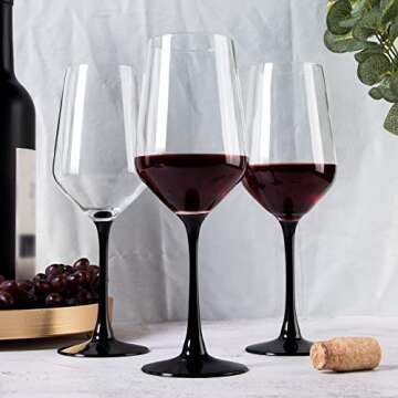 YANGNAY Wine Glasses with Black Stem & Base (Set of 12, 13 Oz), Clear Wine Glasses for Red or White Wine, Smooth Rim, Dishwasher Safe
