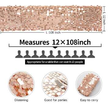Pufogu 12 x 108 Inch Sequin Table Runner, Rose Gold Glitter Premium Big Sequin Table Runner, Rectangle Table Runner for Halloween, Christmas, Wedding Party, Birthday Party, Banquet Decor (1 Pack).
