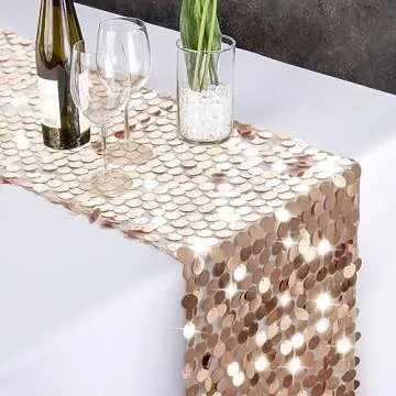 Pufogu 12 x 108 Inch Sequin Table Runner, Rose Gold Glitter Premium Big Sequin Table Runner, Rectangle Table Runner for Halloween, Christmas, Wedding Party, Birthday Party, Banquet Decor (1 Pack).