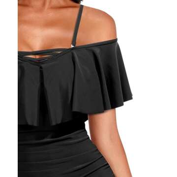 Holipick Black Women Strapless One Piece Swimsuits Tummy Control Bathing Suit Ruffle Off Shoulder Sw...