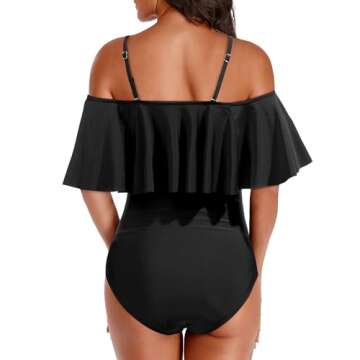 Holipick Black Women Strapless One Piece Swimsuits Tummy Control Bathing Suit Ruffle Off Shoulder Swimwear with Sleeves M