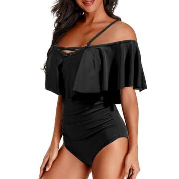 Holipick Black Women Strapless One Piece Swimsuits Tummy Control Bathing Suit Ruffle Off Shoulder Swimwear with Sleeves M