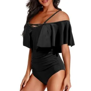 Holipick Black Women Strapless One Piece Swimsuits Tummy Control Bathing Suit Ruffle Off Shoulder Swimwear with Sleeves M
