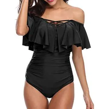 Holipick Black Women Strapless One Piece Swimsuits Tummy Control Bathing Suit Ruffle Off Shoulder Swimwear with Sleeves M
