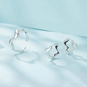 925 Sterling Silver Wave Ear Clips & Ring Set for Women