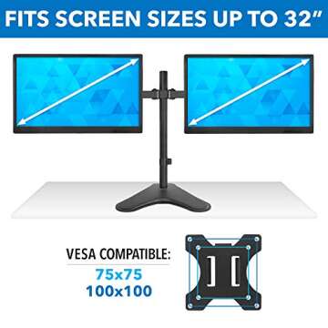Mount-It! Dual Monitor Stand for Desk - Double Monitor Mount for 2 Screens up to 32 Inch and 17 Lbs - Free-Standing Base Swivel, Tilt, Rotates 360 Adjustable Arms - VESA Compatible High Grade Steel