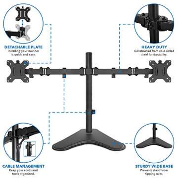 Mount-It! Dual Monitor Stand for Desk - Double Monitor Mount for 2 Screens up to 32 Inch and 17 Lbs - Free-Standing Base Swivel, Tilt, Rotates 360 Adjustable Arms - VESA Compatible High Grade Steel