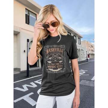 Women Nashville Shirts Vintage Rock Country Music T Shirt Short Sleeve Summer Tops(Dark Gray,XL)