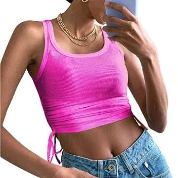 Artfish Women's Sleeveless Shirt Ribbed Fitted Scoop Neck Basic Crop Tank Top Cotton Drawstring Side Ruched Hot Pink,S