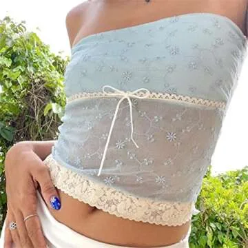 Stylish Lace Trim Tube Crop Top with Sheer Mesh Back