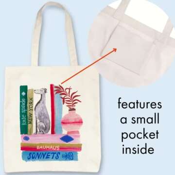 kate spade new york Canvas Tote Bag for Women, Cute Tote Bag for Teacher, Canvas Beach Bag, Book Tote with Pocket, Bookshelf