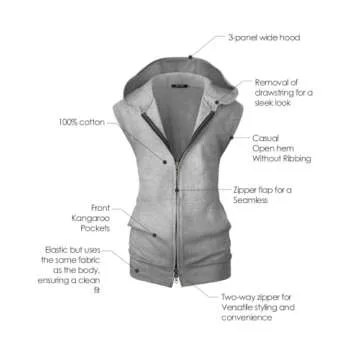 GIVON Comfort Cotton Zip Up Hoodie Vest for Women Lightweight Thin Sleeveless Hoodie with Wide Hood Dual Zipper / DCF512-GREY-L