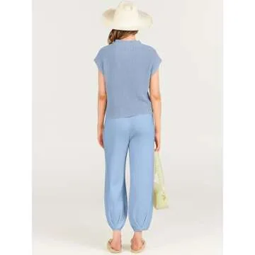 ANRABESS Women's Two Piece Outfits Knit Sweater Vest Crop Top Pants Lounge Matching Tracksuit Sweatsuit Travel Clothes Sets Sky X-Small