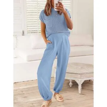 ANRABESS Women's Two Piece Outfits Knit Sweater Vest Crop Top Pants Lounge Matching Tracksuit Sweatsuit Travel Clothes Sets Sky X-Small