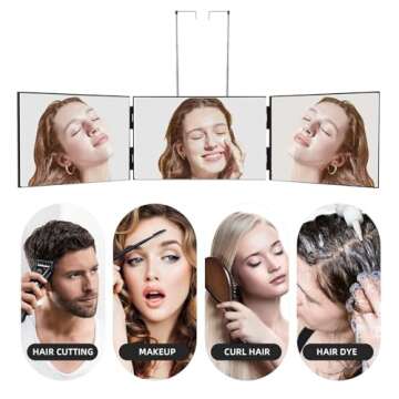 Essbhach 3 Way Mirror for Hair Cutting, 360 Barber Mirror for Women, Barber Supplies Haircut Mirror, Height Adjustable Hooks, Black Without LED