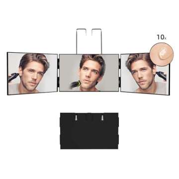 Essbhach 3 Way Mirror for Hair Cutting, 360 Barber Mirror for Women, Barber Supplies Haircut Mirror, Height Adjustable Hooks, Black Without LED