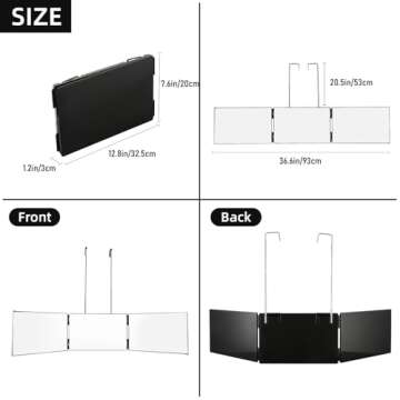 Essbhach 3 Way Mirror for Hair Cutting, 360 Barber Mirror for Women, Barber Supplies Haircut Mirror, Height Adjustable Hooks, Black Without LED