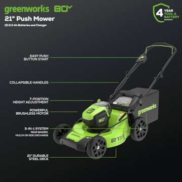 Greenworks 80V 21” Brushless (Push) Cordless Electric Lawn Mower + (500 CFM) Axial Leaf Blower (75...