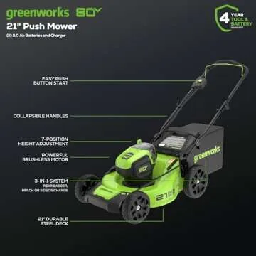 Greenworks 80V 21” Brushless (Push) Cordless Electric Lawn Mower + (500 CFM) Axial Leaf Blower (75...
