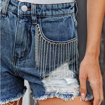 CYLADY Women's Summer Ripped Washed Distressed Tassel Denim Shorts Bling Rhinestone Jeans Shorts