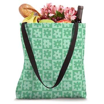 Green Checkered Daisy Pattern 90s y2k Spring Flowers Tote Bag