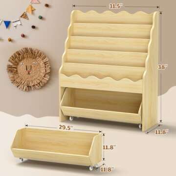 Vestibk 5-Tier Wooden Book Shelves, Kids Bookshelf and Toy Organizer, Toy Storage Drawer with Wheels...