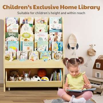 Vestibk 5-Tier Wooden Book Shelves, Kids Bookshelf and Toy Organizer, Toy Storage Drawer with Wheels for Boy and Girl, Toddler Scalloped BookShelf for KidsRoom Playroom Classroom Nursery(Natural Wood)