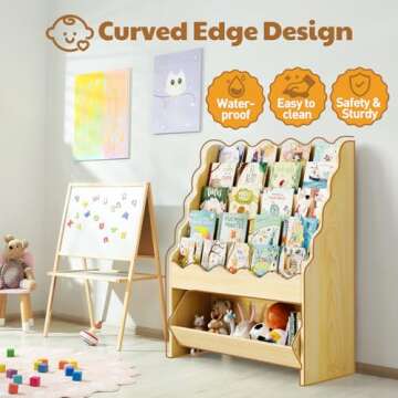 Vestibk 5-Tier Wooden Book Shelves, Kids Bookshelf and Toy Organizer, Toy Storage Drawer with Wheels for Boy and Girl, Toddler Scalloped BookShelf for KidsRoom Playroom Classroom Nursery(Natural Wood)