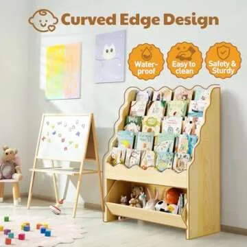 Vestibk 5-Tier Wooden Book Shelves, Kids Bookshelf and Toy Organizer, Toy Storage Drawer with Wheels for Boy and Girl, Toddler Scalloped BookShelf for KidsRoom Playroom Classroom Nursery(Natural Wood)