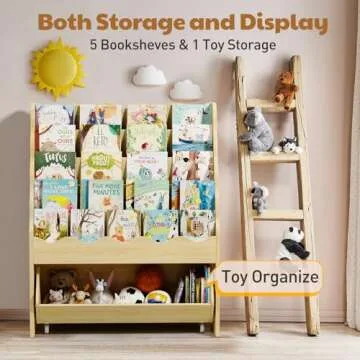 Vestibk 5-Tier Wooden Book Shelves, Kids Bookshelf and Toy Organizer, Toy Storage Drawer with Wheels for Boy and Girl, Toddler Scalloped BookShelf for KidsRoom Playroom Classroom Nursery(Natural Wood)