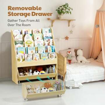 Vestibk 5-Tier Wooden Book Shelves, Kids Bookshelf and Toy Organizer, Toy Storage Drawer with Wheels for Boy and Girl, Toddler Scalloped BookShelf for KidsRoom Playroom Classroom Nursery(Natural Wood)