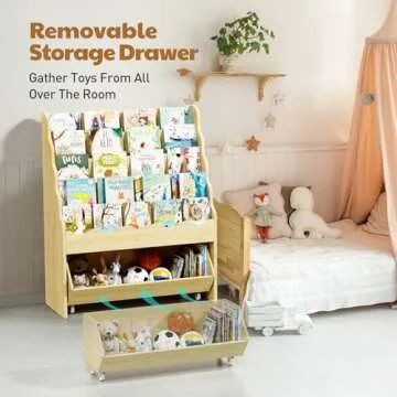Vestibk 5-Tier Wooden Book Shelves, Kids Bookshelf and Toy Organizer, Toy Storage Drawer with Wheels for Boy and Girl, Toddler Scalloped BookShelf for KidsRoom Playroom Classroom Nursery(Natural Wood)