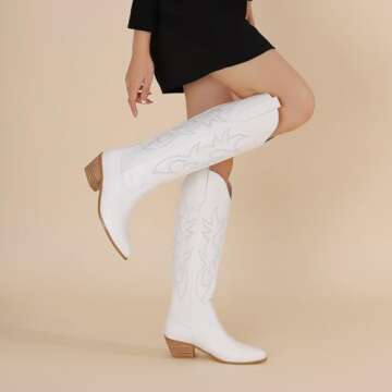 CIERWS Women's Embroidered Western Cowgirl Boots Cowboy Boots Knee High Medium Heel Chunky Heel Retro Classic White Boot