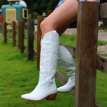 CIERWS Women's Embroidered Western Cowgirl Boots Cowboy Boots Knee High Medium Heel Chunky Heel Retro Classic White Boot