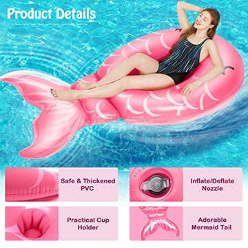 Dehumi Inflatable Mermaid Pool Float Floatie - 86.6”×45.3”×17.7” Giant Pool Raft Blow Up for Kids Adults Women, Summer Fun Water Toy for Parties in Swimming Pools & Beach, Pink