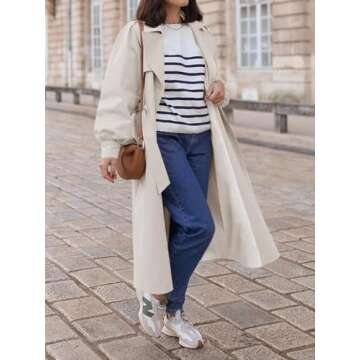 Tankaneo Womens Long Trench Coat Fall Fashion Oversized Double Breasted Lapel Overcoat Outerwear wit...