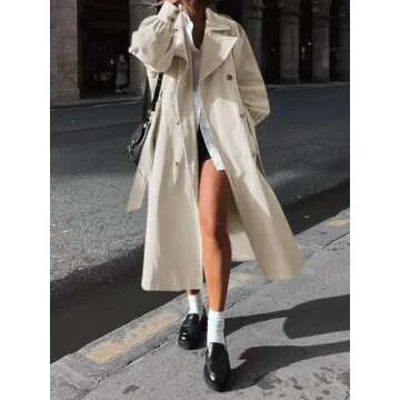 Tankaneo Womens Long Trench Coat Fall Fashion Oversized Double Breasted Lapel Overcoat Outerwear with Belt