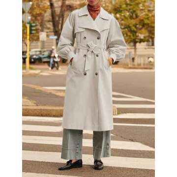 Tankaneo Womens Long Trench Coat Fall Fashion Oversized Double Breasted Lapel Overcoat Outerwear with Belt