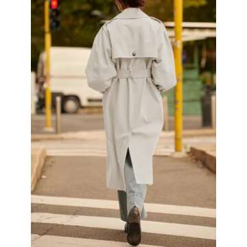 Tankaneo Womens Long Trench Coat Fall Fashion Oversized Double Breasted Lapel Overcoat Outerwear with Belt