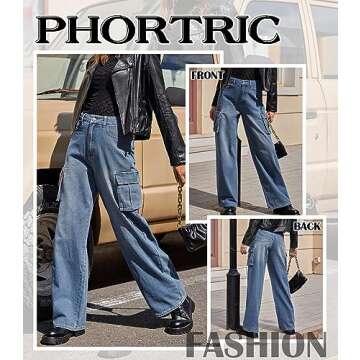 Womens Cargo Jeans High Waisted Wide Leg Baggy Denim Cargo Pants Flap Pocket Y2K Streetwear Casual T...