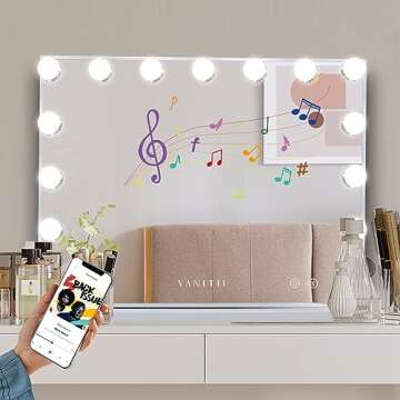 VANITII Vanity Hollywood Mirror with Lights Speaker USB Charging Lighted Makeup Mirror with Bulbs 3 Lighting Modes and Desktop Light up Mirror for Bedroom Dressing Room