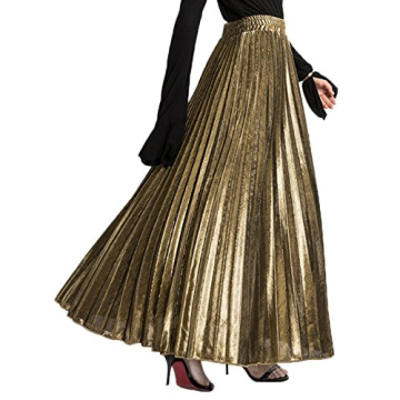 CHARTOU Women's Gold Metallic Pleated Midi Long Maxi Skirt