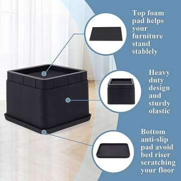 BTSD-home Bed Risers 3 or 6 Inch Heavy Duty Stackable Furniture Risers for College Dorm Bed Sofa Table Couch Chair Bed Raisers Blocks 4 Pack Black