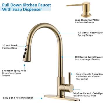 Gold Kitchen Faucet with Soap Dispenser, Bokaiya Kitchen Faucet with Pull Down Sprayer Single Handle...