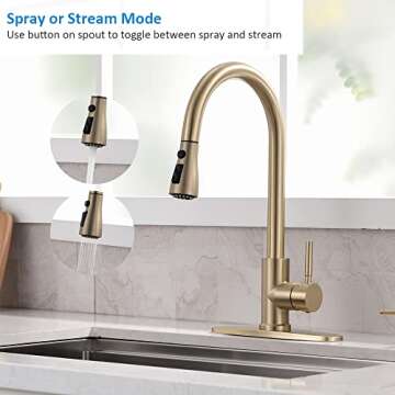 Gold Kitchen Faucet with Soap Dispenser, Bokaiya Kitchen Faucet with Pull Down Sprayer Single Handle Stainless Steel Brushed Gold Pull Down Kitchen Faucet