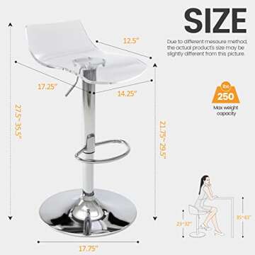 Brage Living Acrylic Bar Stools Set of 2, Transparent Swivel Adjustable Airlift Barstools with Low Back, Counter Height Bar Chairs for Kitchen Dining Room Pub Cafe (Clear)